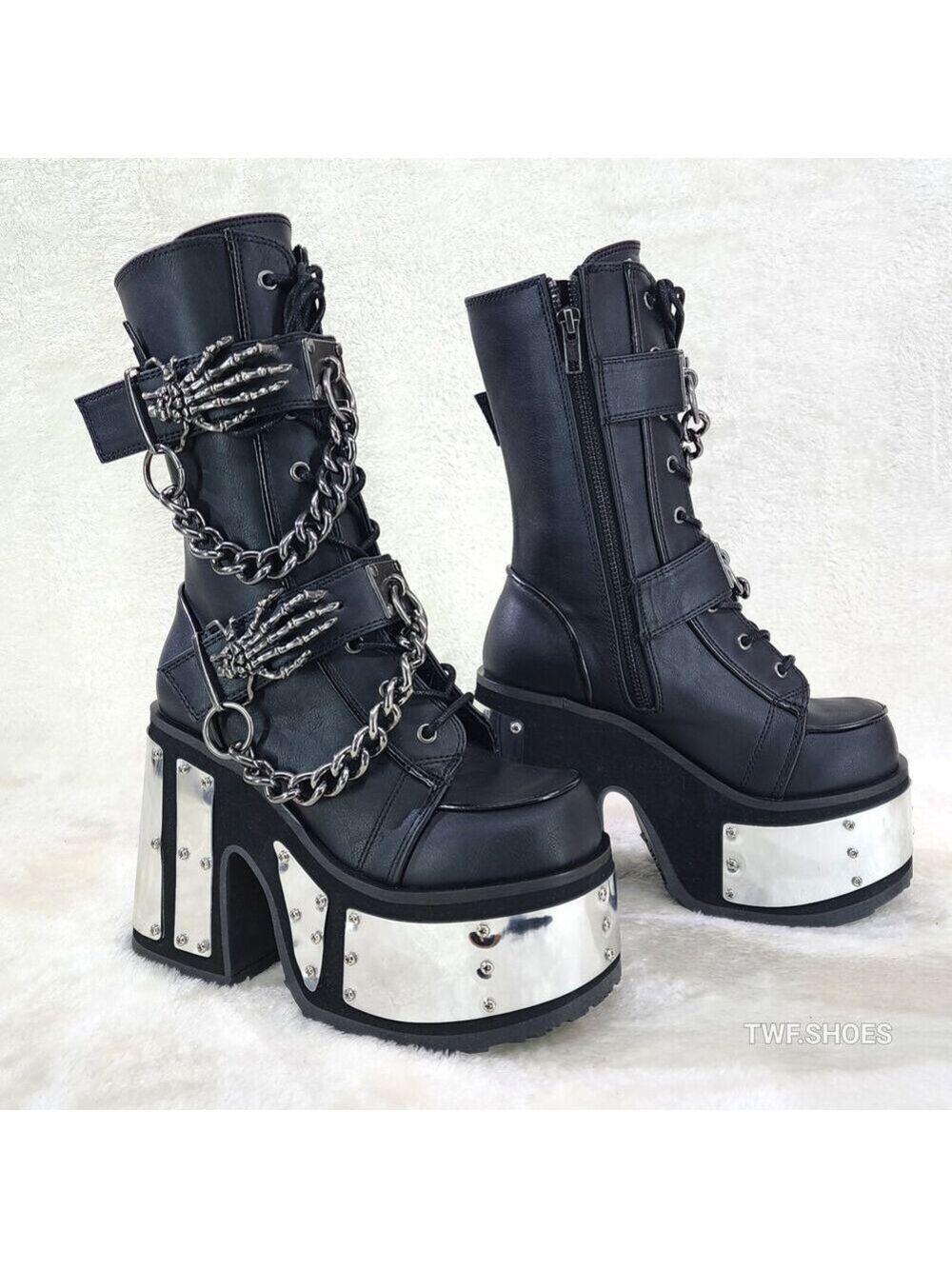 NIB DEMONIA Camel 120 Goth Punk Mid Calf Platform Boots Skeleton Hands Chains